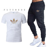 new gym men's high quality jogging two-piece fashion T-shirt + sweatpants suit running training sportswear men's sports trousers