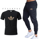 new gym men's high quality jogging two-piece fashion T-shirt + sweatpants suit running training sportswear men's sports trousers