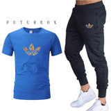 new gym men's high quality jogging two-piece fashion T-shirt + sweatpants suit running training sportswear men's sports trousers