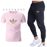 new gym men's high quality jogging two-piece fashion T-shirt + sweatpants suit running training sportswear men's sports trousers