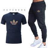 new gym men's high quality jogging two-piece fashion T-shirt + sweatpants suit running training sportswear men's sports trousers
