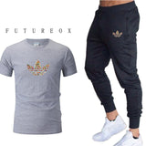 new gym men's high quality jogging two-piece fashion T-shirt + sweatpants suit running training sportswear men's sports trousers