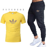 new gym men's high quality jogging two-piece fashion T-shirt + sweatpants suit running training sportswear men's sports trousers