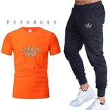 new gym men's high quality jogging two-piece fashion T-shirt + sweatpants suit running training sportswear men's sports trousers