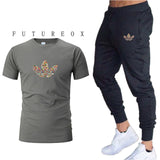 new gym men's high quality jogging two-piece fashion T-shirt + sweatpants suit running training sportswear men's sports trousers